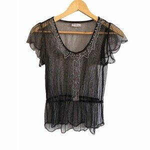 Pinky Blouse Womens Size S Black Sheer Mesh Beaded Flutter Sleeve Party